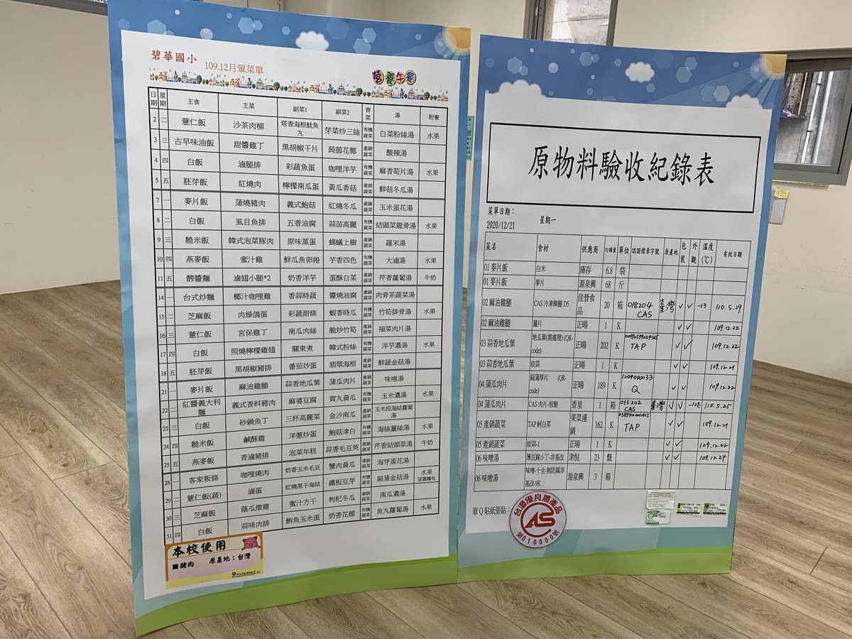 營養師說明，會將所有食材的章Q貼紙，撕下來附註在驗收單上，作為後續存檔與上傳到教育部校園食材登錄平台。