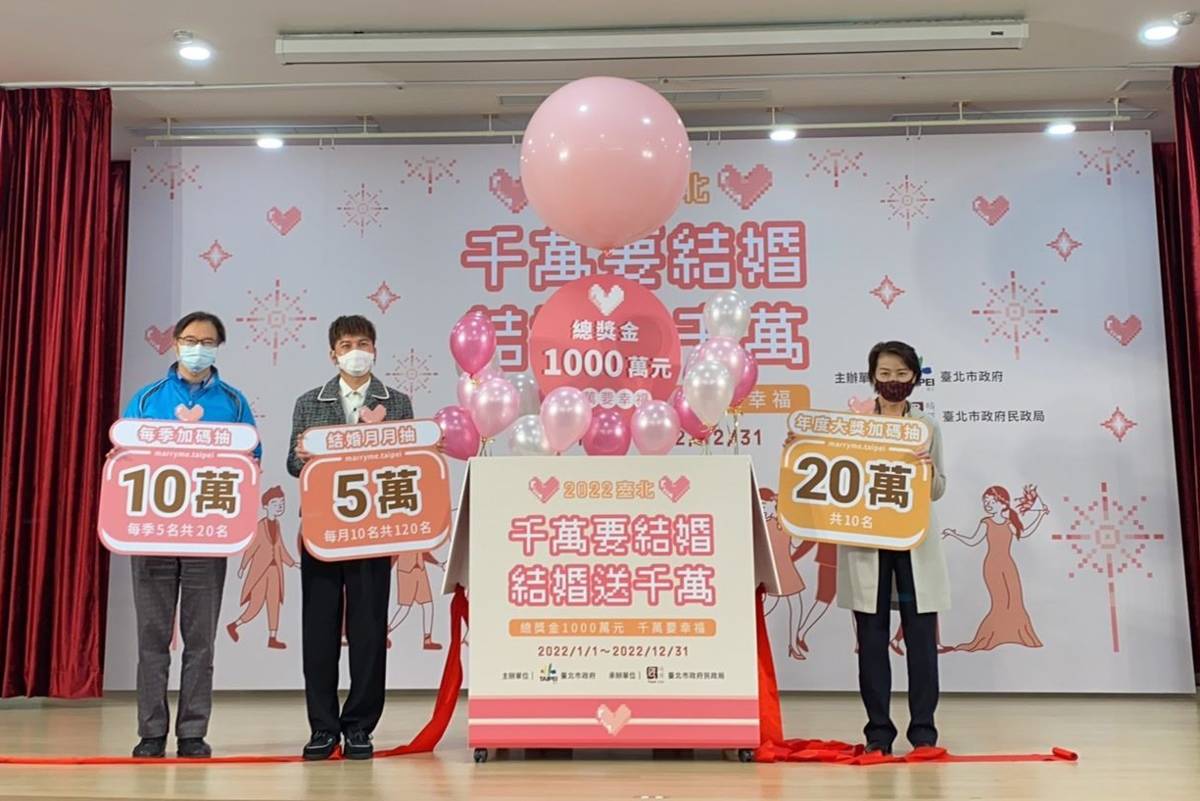 臺北市民政局今年推出「2022臺北千萬要結婚 結婚送千萬」抽獎活動