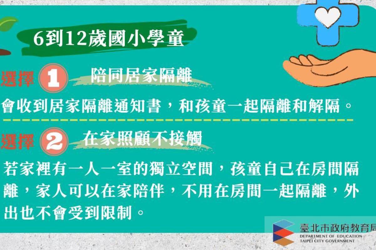 臺北市推出12歲以下兒童居家隔離家長陪同照顧方案，一同守護孩子健康