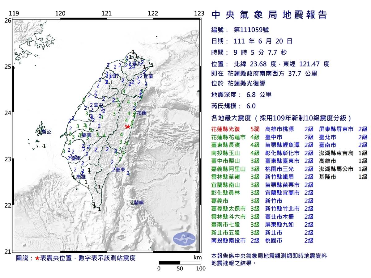 9:05花蓮縣光復發生芮氏規模6.0地震 最大震度花蓮達5弱