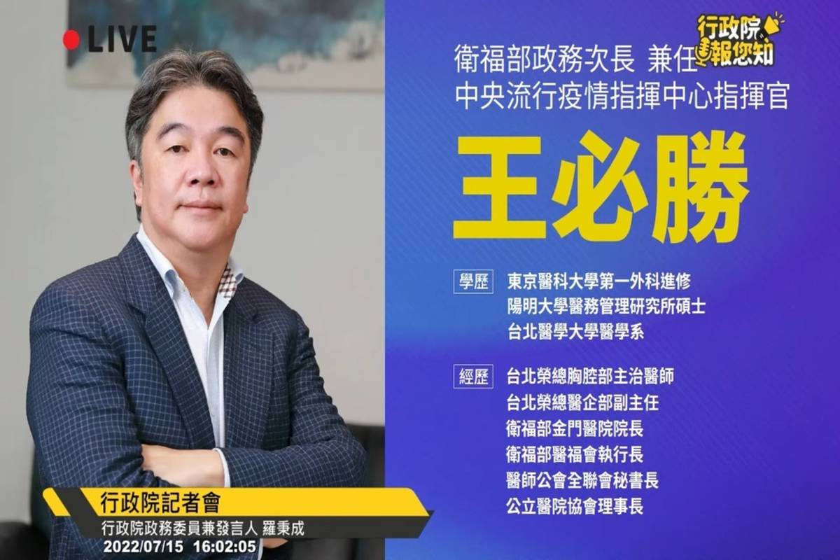 政務次長則由醫福會執行長王必勝升任，並同時指派其兼任中央流行疫情指揮中心指揮官一職