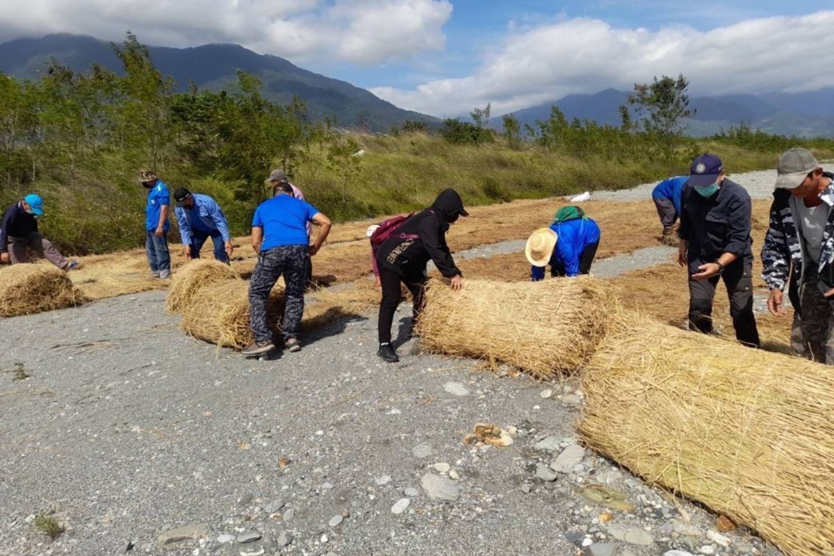臺東縣環保局在關山鎮卑南溪海端四號堤防辦理稻草蓆覆蓋宣導活動，運用在地產出的稻草蓆，跨域協力覆蓋河床裸露地，共同守護臺東好空氣。