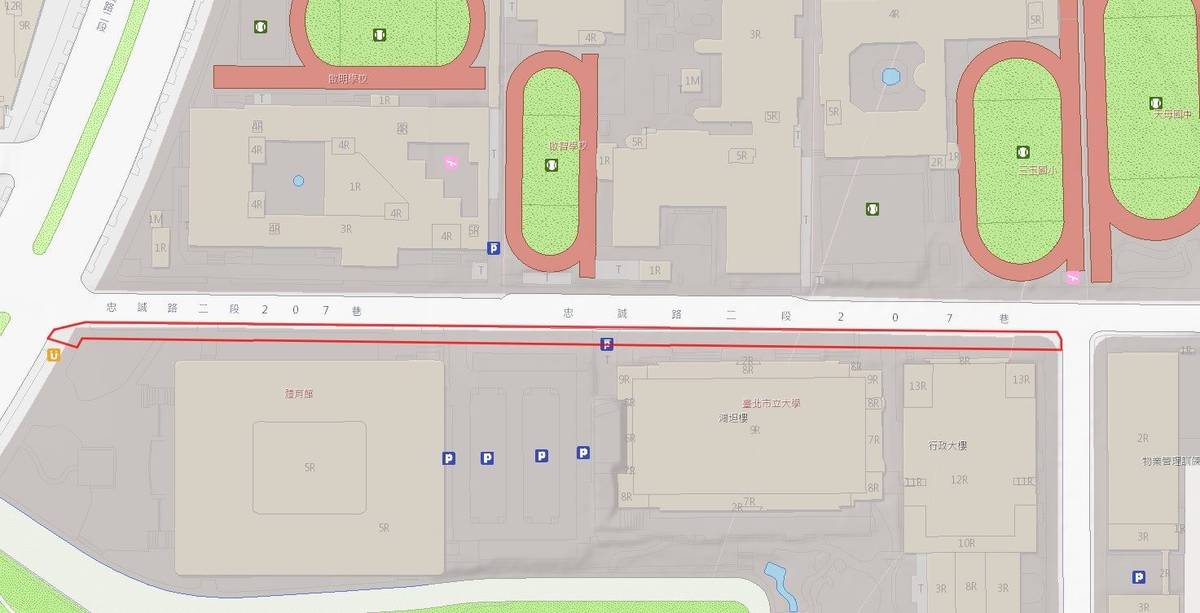 忠誠路2段207巷人行道鄰近有多所學校