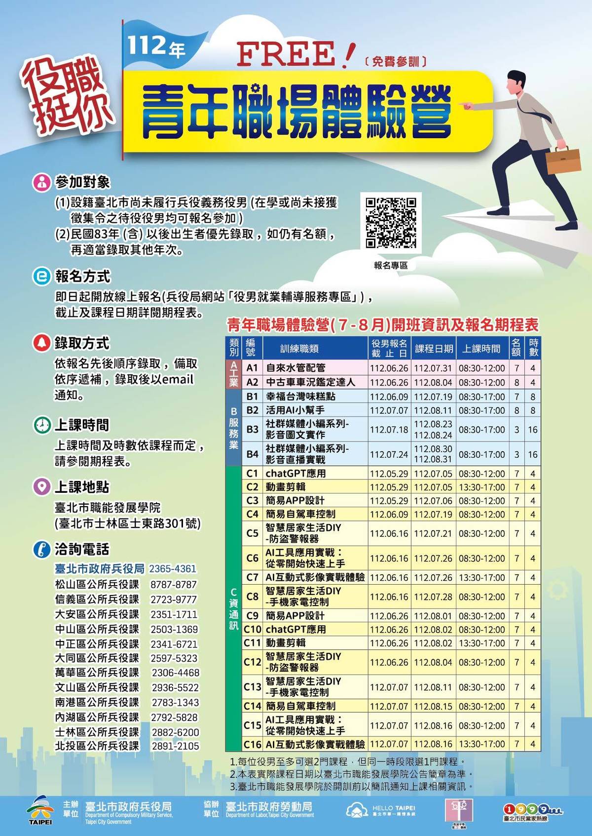 「青年職場體驗營」受理報名，臺北市役男可享有全程免費
