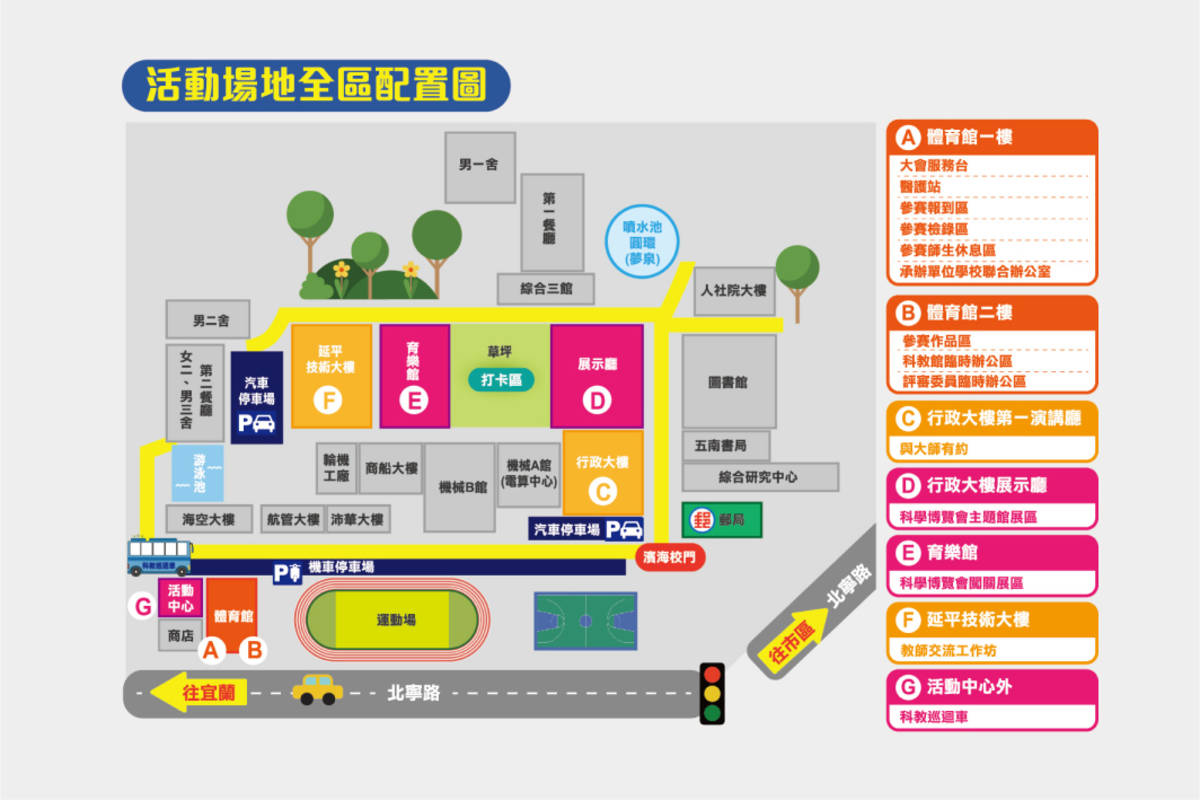 全國科展闖關活動在海洋大學育樂館、行政大樓展示廳，以及活動中心旁舉行。