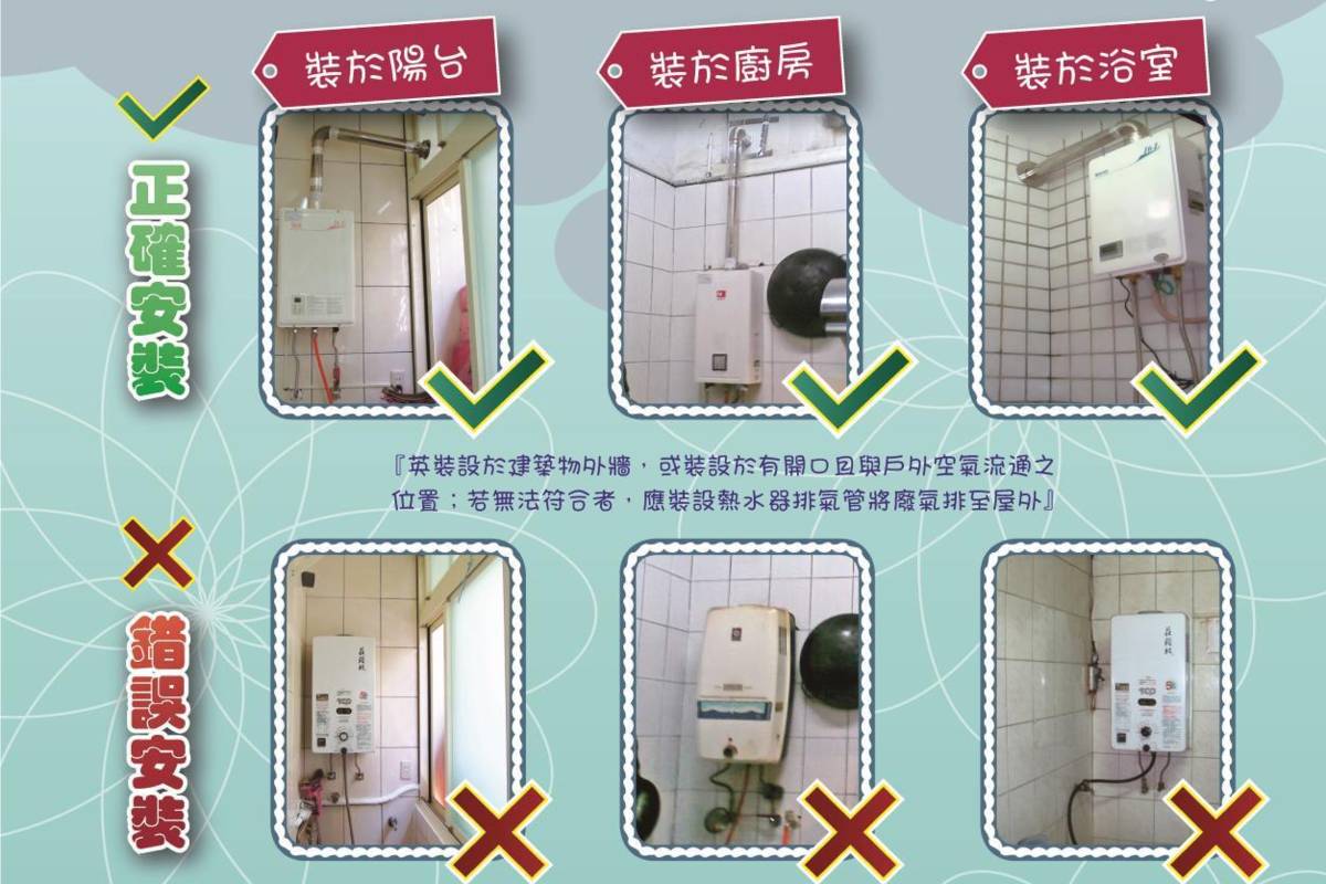 正確安裝熱水器，預防一氧化碳中毒