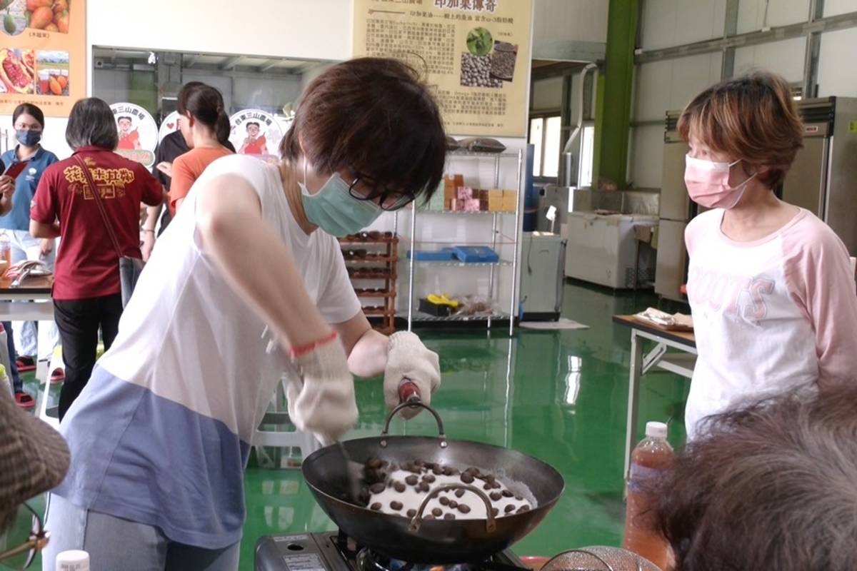 鹿野鄉三山農場推出印加果農遊體驗，DIY製作印加果堅果，遊客使勁翻炒印加果，香氣撲鼻。