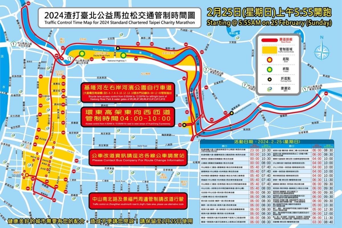 「2024渣打臺北公益馬拉松」賽事2/25登場，北市警方將實施交通管制