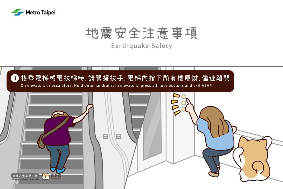 搭乘車站電扶梯或電梯時發生地震，在電扶梯上請緊握扶手