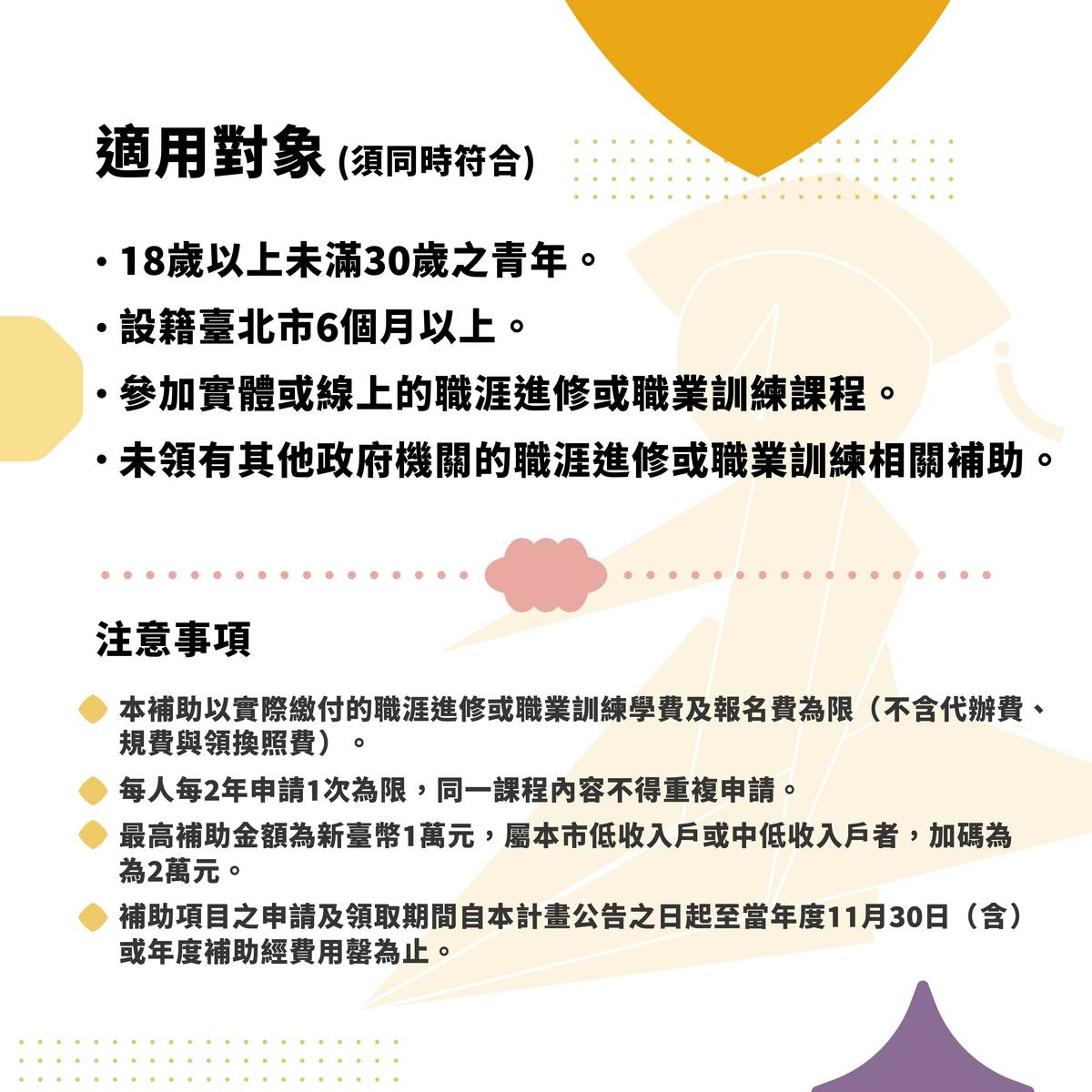 在學、求職或在職者，每人每2年即能以「單一課程」申請補助一次