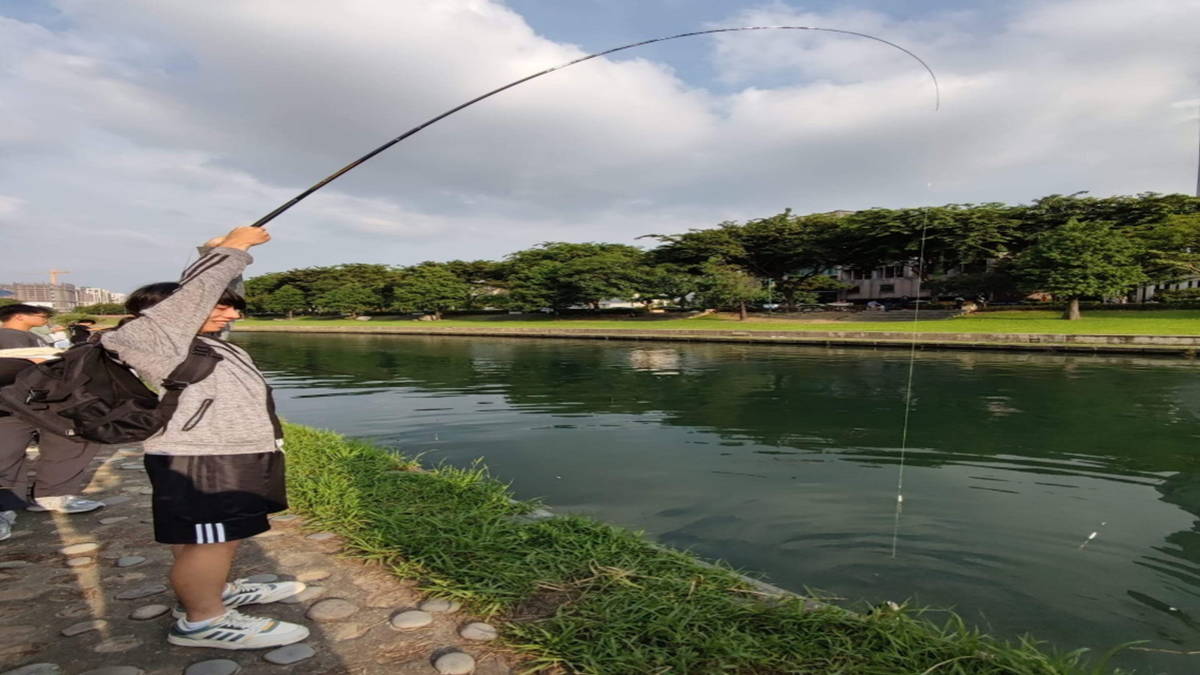 中興大學康堤釣魚趣，學生奮力拉起釣竿