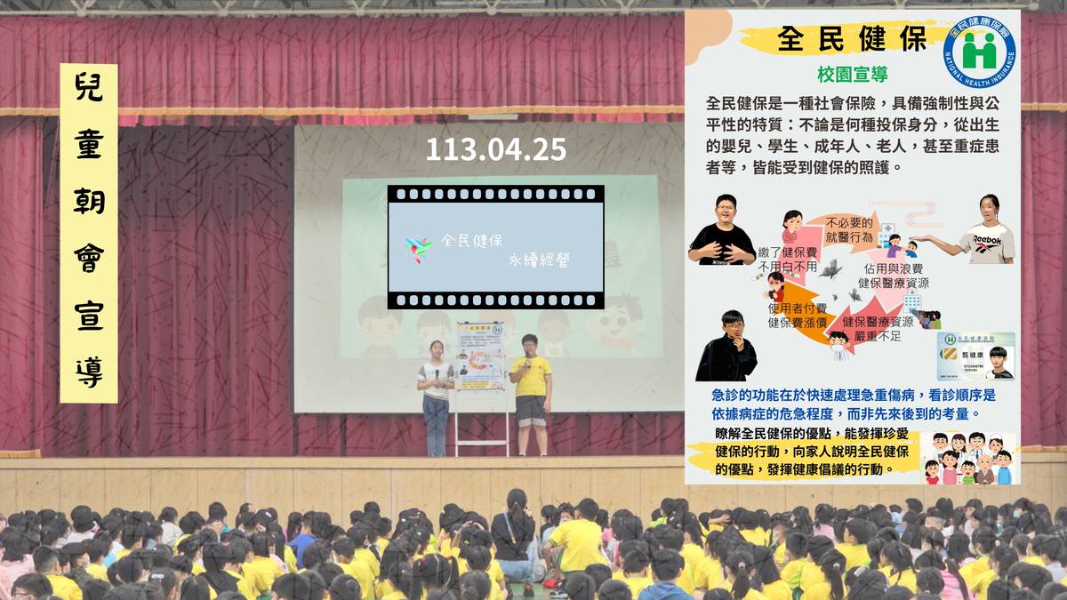 113年（112學年度）「校園珍惜健保教育實境秀」影片徵選-國小組-優良-桃園市龜山區南美國民小學-朝會宣導

桃園市龜山區南美國民小學榮獲112學年度「校園珍惜健保教育實境秀」影片徵選-國小組-優良。學校貫徹健促六大面向，致力推動健康服務建構健康環境，提升孩子身心健康，並透過實境影片拍攝，用趣味闖關方式加深對全民健保-五知道八行動的認知，帶領學生親自走訪社區醫療院所，學習健保相關知識，珍惜健保資源，並推及社區與家長，普及全民健保知識。

採訪：桃園市龜山區南美國民小學陳志奇校長、
             朱秀美衛生組長、六八班生李冠呈
