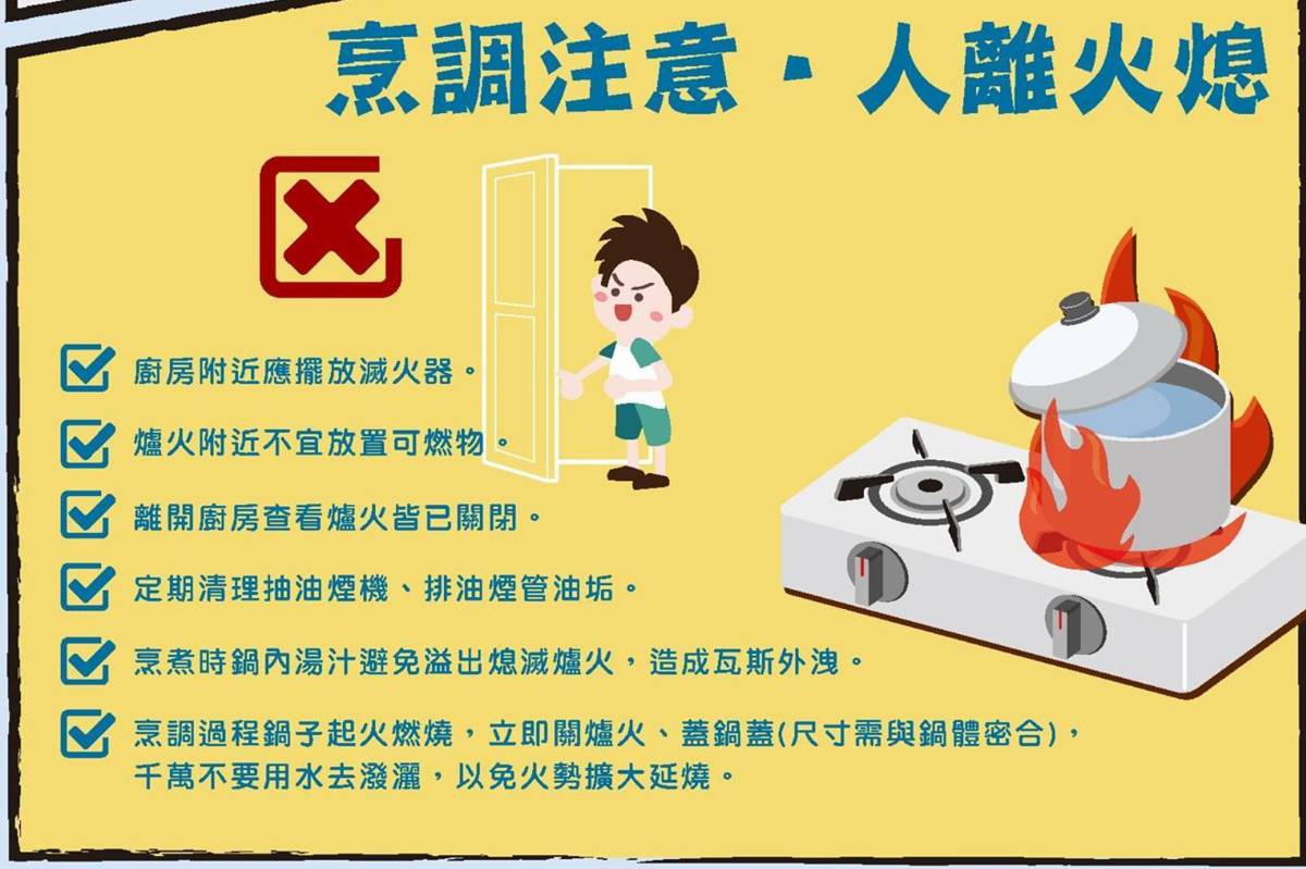 臺北市消防局呼籲民眾烹煮佳餚時務必注意爐火使用安全，遵守「人離火熄」原則