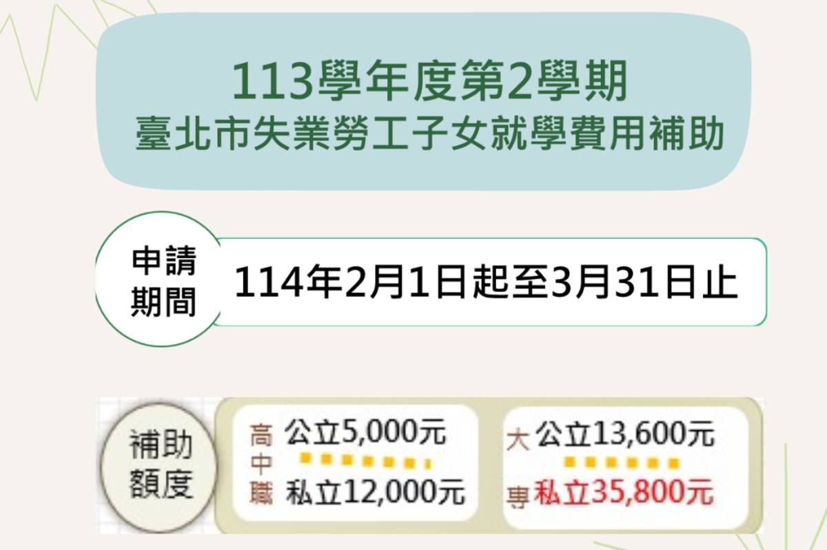 北市勞動局受理113學年度第2學期失業勞工子女就學費用補助申請