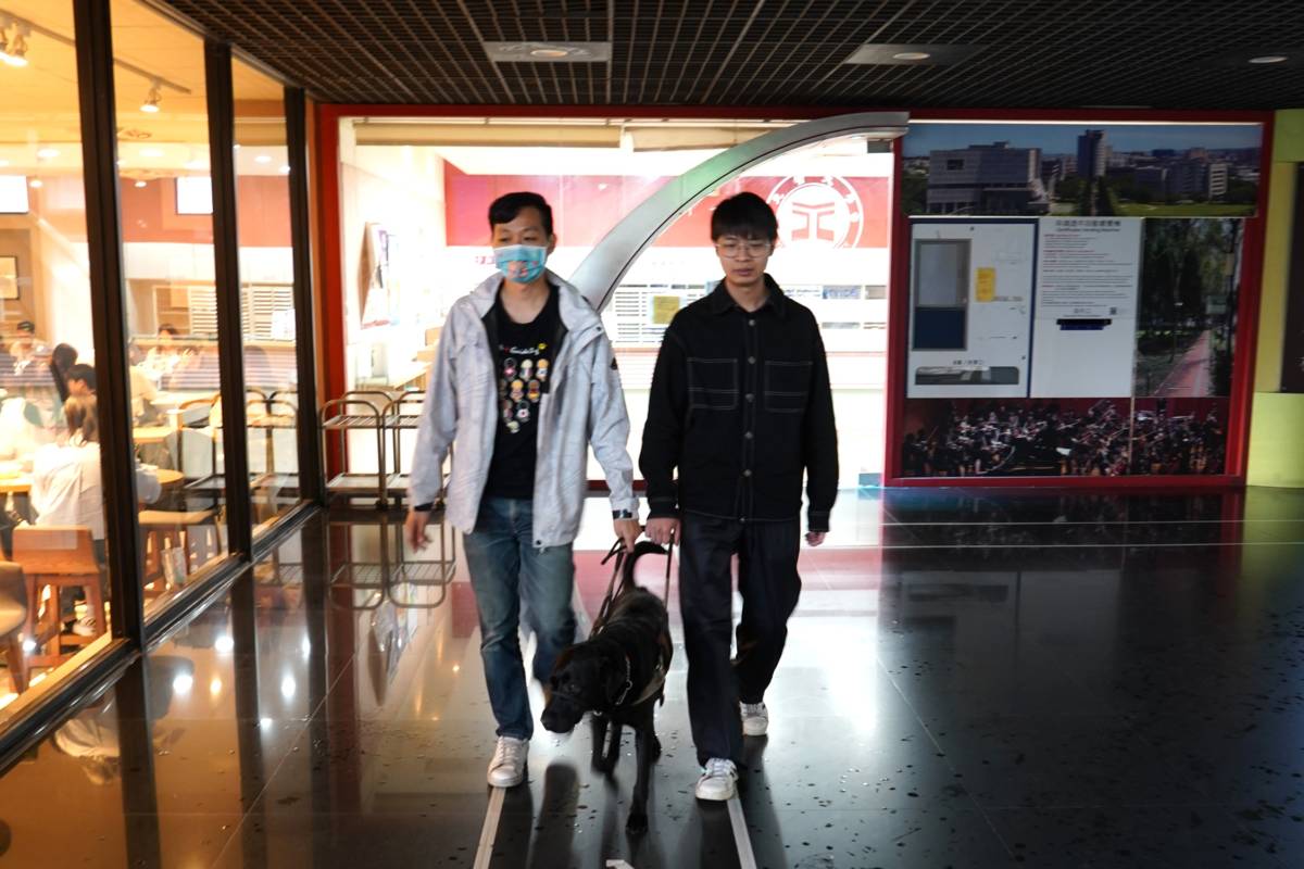 元智大學學生扮演盲人，由導盲犬牽著行走。(元智大學提供)