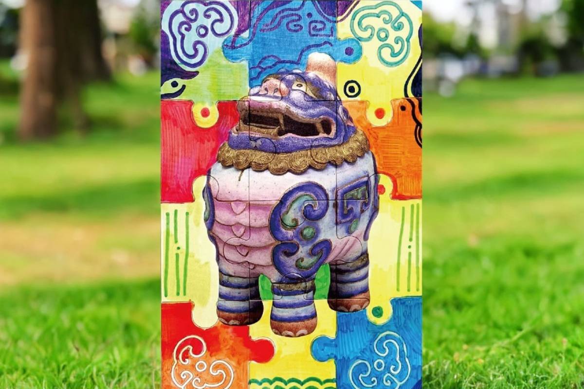 故宮北院「獨角獸出沒？！」手作活動，將可愛逗趣的神獸文物「甪（ㄌㄨˋ）端」，設計成彩繪拼圖磁鐵。(故宮提供)