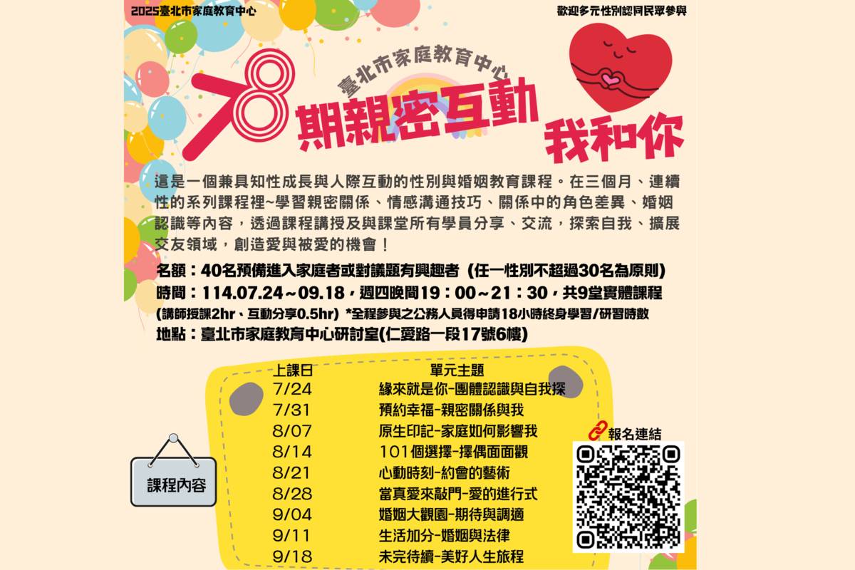 臺北市家庭教育中心舉辦「親密互動我和你」系列課程