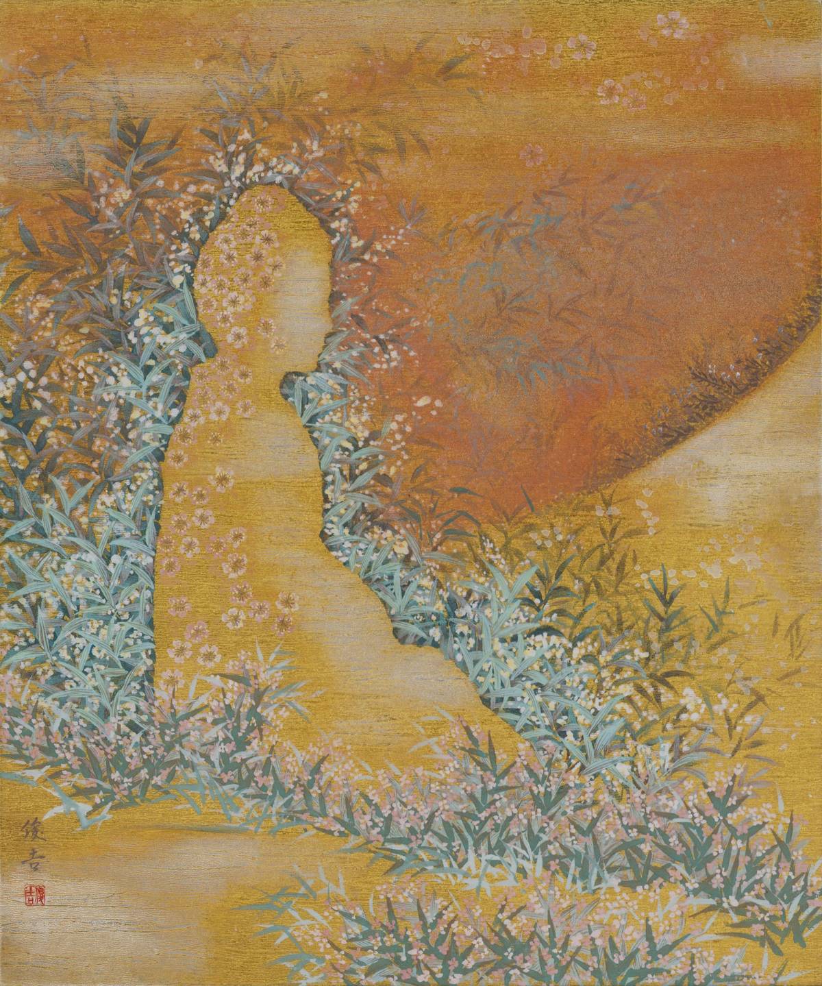 華梵佛藝系陳俊吉主任的膠彩佛畫作品〈唯心觀境〉將繁花化為佛身