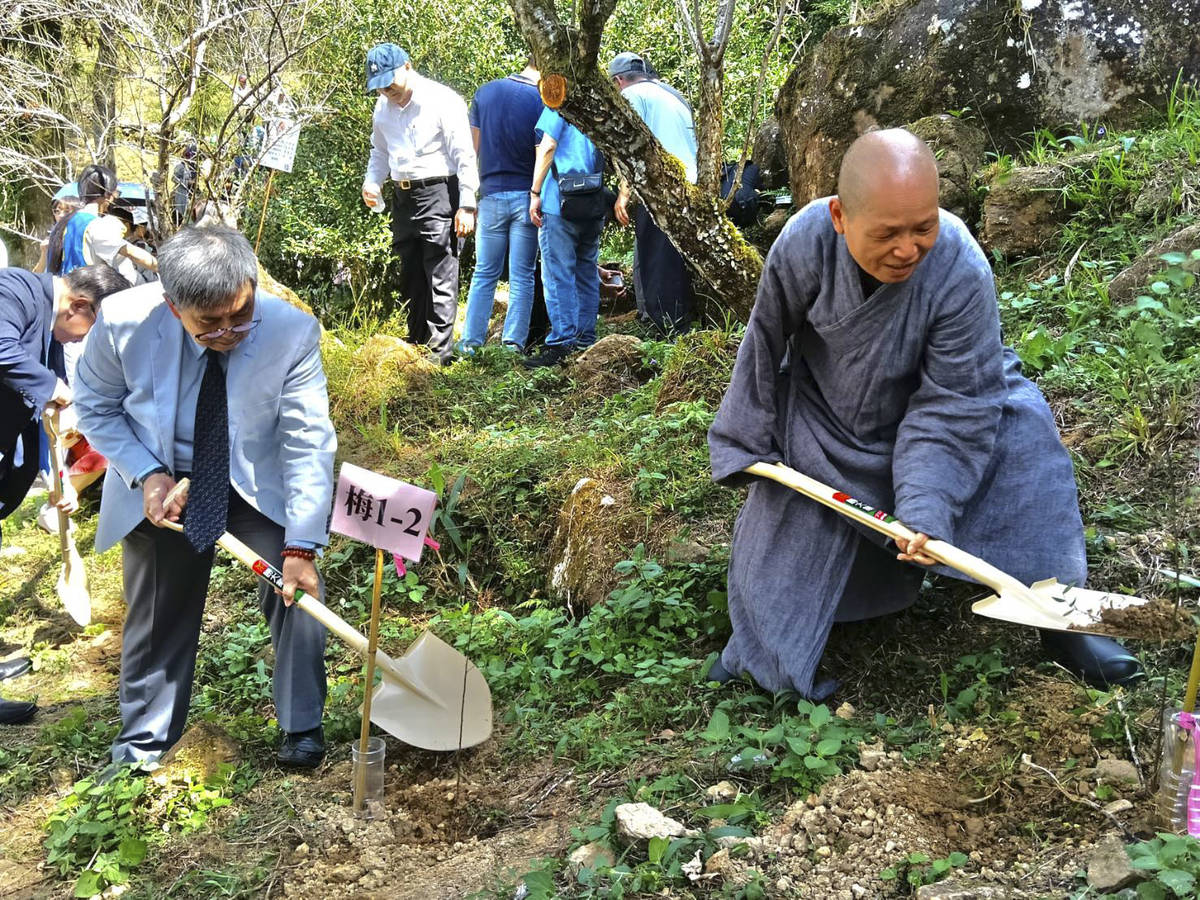 華梵大學董事長悟觀法師（右）與李天任校長一起種下二代梅樹。(華梵大學提供)