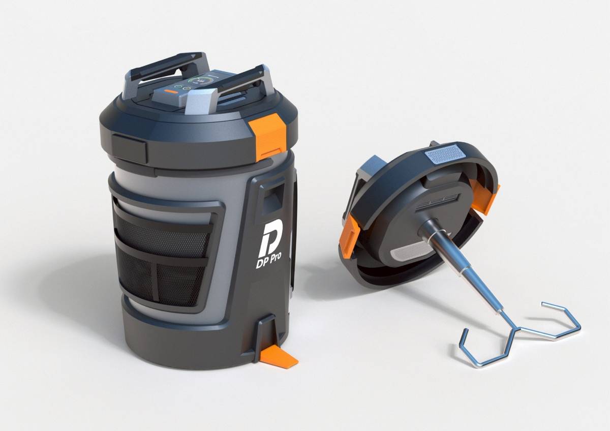 北科大學生李祥耀、黃柏諺以「DP-Pro 裝修師傅無塵水泥攪拌機」，榮獲紅點概念設計獎。(北科大提供)