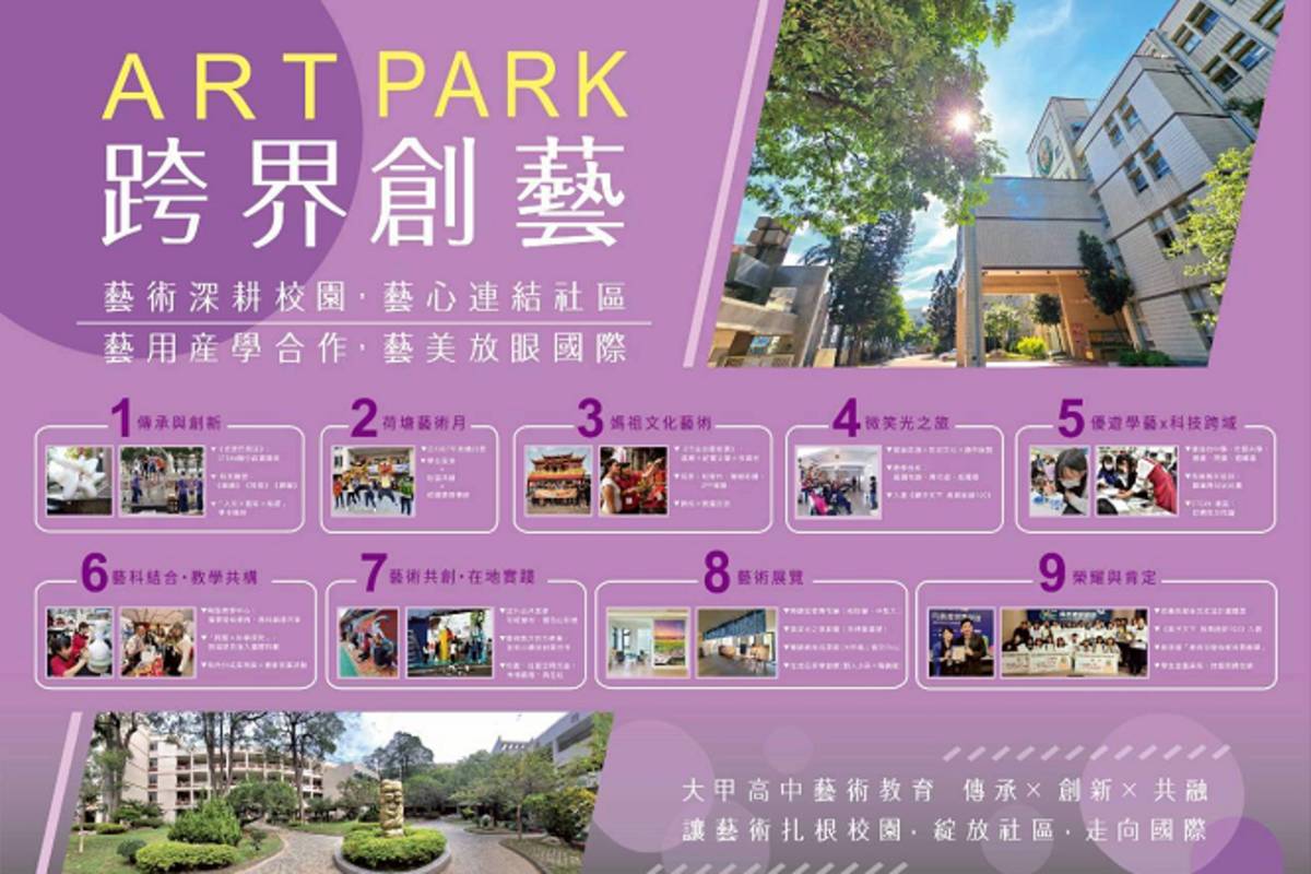 大甲高中長年推動藝術教育紮根校園，並以「跨界創藝」為發展主軸，整合「藝術深耕校園」、「藝心連結社區」、「藝用產學合作」及「藝美放眼國際」四大領域，全面培養學生的美感素養與創造能力。