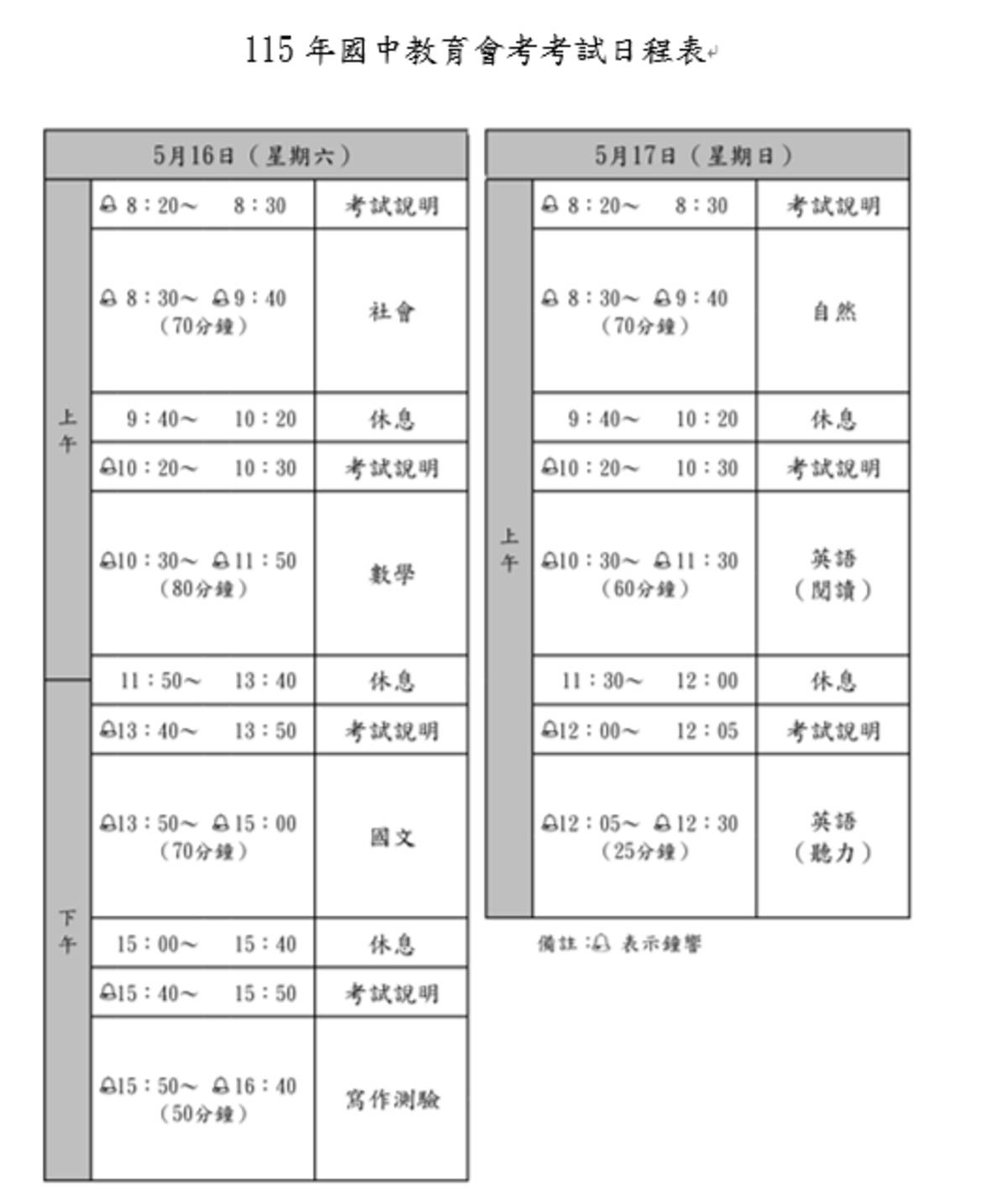 115年國中教育會考考試日程表
