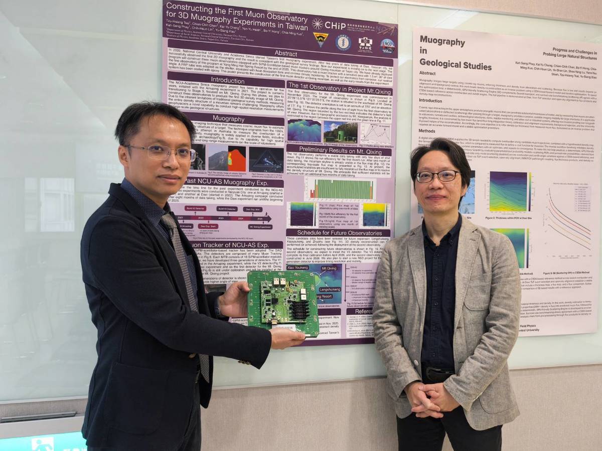 中央大學物理系郭家銘教授(左)開發的渺子探測器，能解析山體構造，與地球科學系陳建志教授跨域合作，進行陽明山大屯山火山群的監測。
