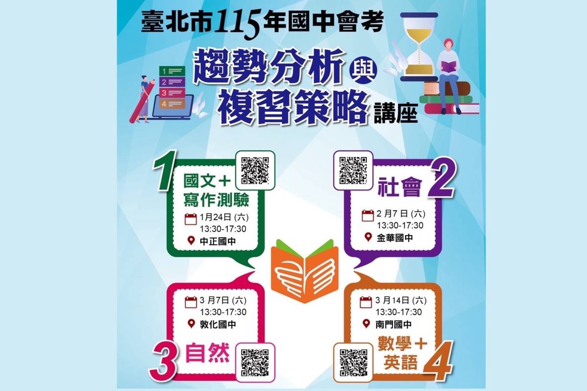 臺北市115年國中教育會考趨勢分析與複習策略講座開放九年級考生及家長報名參加