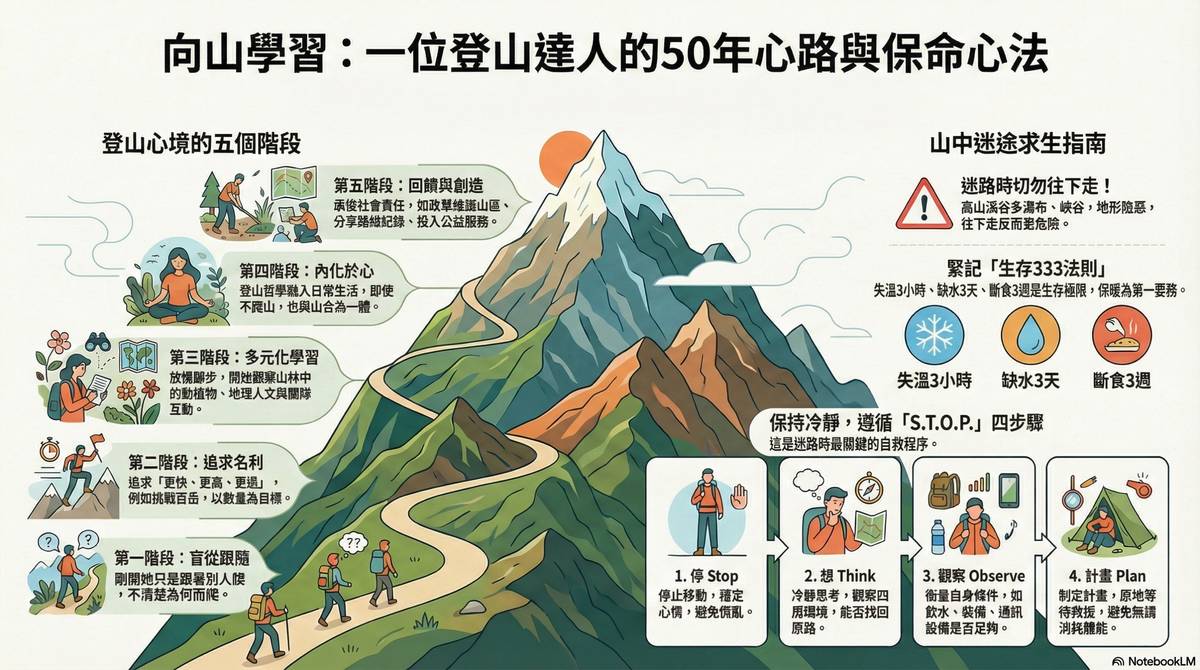   登山 50 多年的李俊民老師，從大學加入登山社，至今將登山悟得的人生哲理落實於生活，也透過高山攝影、文字及離線地圖，分享他在高山林木間的足跡。