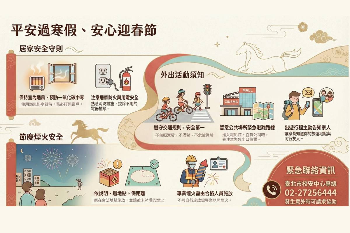 寒假及春節連續假期，北市教育局提醒師生留意自身安全
