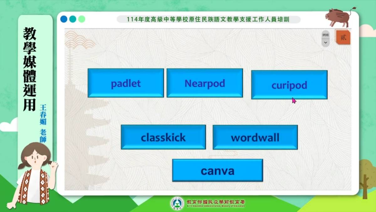 王春媚老師向學員舉例可以應用於教學領域的各項數位媒體工具，其中包含具AI功能的canva、Nearpod…等軟體